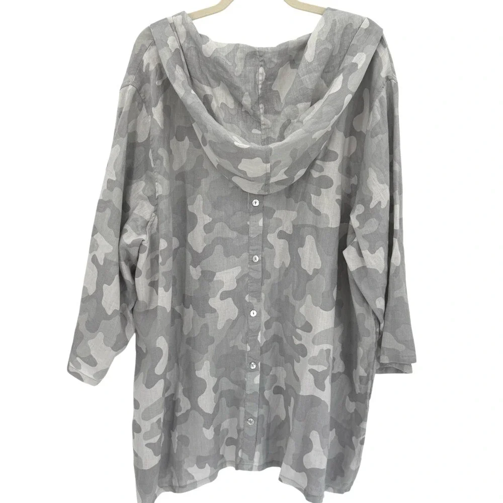 C&C California Linen Camo Hoodie Tunic Top Gray 3X New